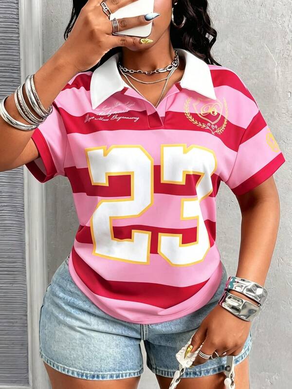 Maweii Plus Size Women's New Sweet & Cool Style Casual Vacation Minimalist Romantic Lapel Short Sleeve Striped T-Shirt