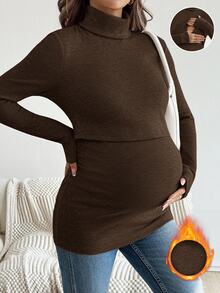 SHEIN 孕婦純色哺乳功能休閒日常穿著上衣 - 棕色 - 查看 1