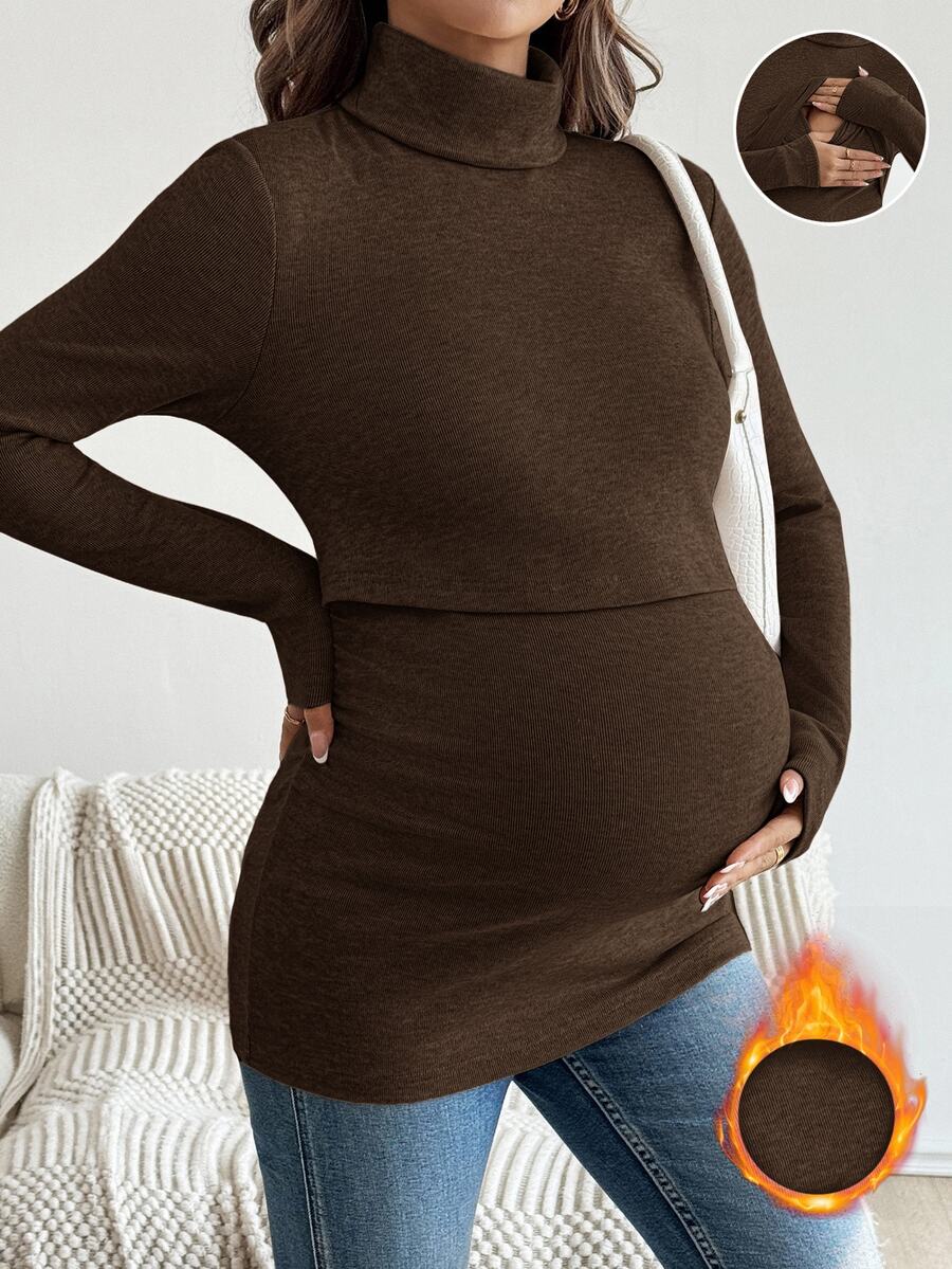 SHEIN 孕婦純色哺乳功能休閒日常穿著上衣 - 棕色 - 查看 1