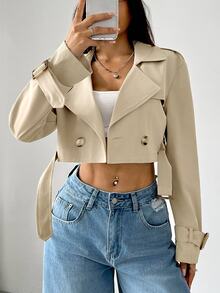 SHEIN EZwear 女款缺口領鈕扣前襟長袖短款風衣，適合秋冬日常休閒穿著 - 杏色 - 查看 1