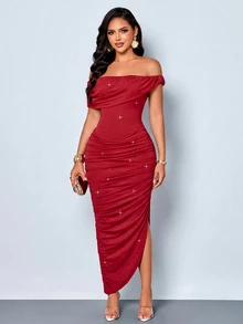SOLERSUN Women's Elegant Off-Shoulder Ruched High Elastic Glitter Fabric Dress, Suitable For Evening Party, Graduation Season, - Burgundy - View 4