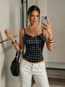 SomedayCozy 1 pieza Top de capa base con lunares para mujer, tops de otoño Y2K, tops para otoño, corsé, top corto, camisa, atuendos de otoño, top de tirantes, para salir, ropa interior - Blanco y Negro - Ver 5