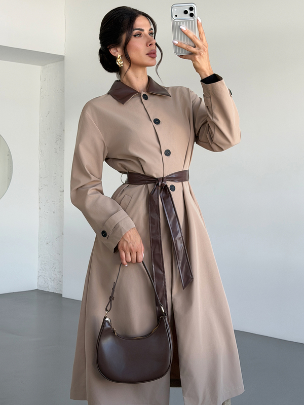 Firerie Abrigo largo de manga larga holgado color caqui para mujer otoño/invierno, abrigo tipo gabardina con patchwork de cuero PU y cintura ceñida, adecuado para el uso diario y la moda callejera