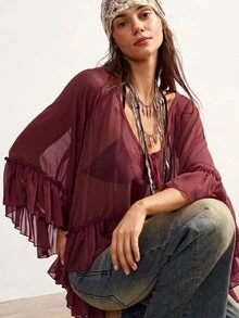 Bohemela Casual Solid Color Woven Ruffle Trim Oversized Women's Shirt - Rust Brown - View 6