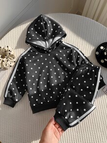 SHEIN 女嬰針織波點連帽休閒衛衣與長褲2件套 - 黑色 - 查看 6