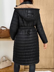 SHEIN Maternity Winter Comfortable Pockets Zipper Hooded Padded Coat - Black - View 2