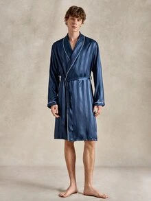 EverLounge Men's Comfortable Minimalist Satin Robe With Contrast Trim - Navy Blue - View 7