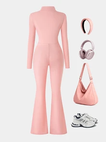 SHEIN 1件女童修身連身褲，立領設計，秋季服飾，前胸半拉鍊，長袖，休閒運動風 - 粉色 - 查看 2