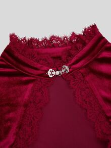 Sweetra Victorian French Court Vintage Light Punk Y2K Lace Embroidered Ruffle Stand Collar Halloween Cosplay Mix & Match Long Sleeve Plus Size Velvet T-Shirt Top - Burgundy - View 5