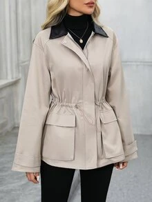 EMERY ROSE Jaket Trench Coat Kasual Serbaguna Motif Blok Warna untuk Wanita, Pakaian Musim Dingin untuk Wanita, Jaket Musim Dingin untuk Wanita - Khaki - View 5