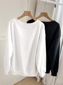 Comfylo Black & White 2pcs Set Plus Size V-Neck Loose Sweatshirt, Suitable For Autumn/Winter - Multicolor - View 2