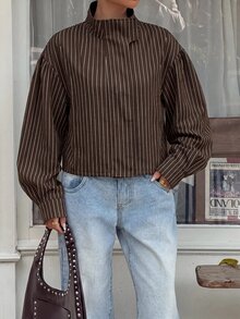 Muchica Women's Striped Long Sleeve Zip-Up Casual Jacket - Brown - View 4