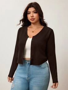 Enliva 大尺碼女款黑色羅紋針織短版開襟外套 V 領鈕扣前開式毛衣，輕鬆層次穿搭風 - 棕色 - 查看 6