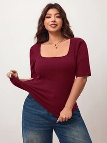 Enliva Plus Size Women's High Elasticity Slim Fit Square Neck Short Sleeve T-Shirt, Skin-Friendly Spring/Summer Style, Flattering For Round Body Shape (Suitable For Apple-Shaped Body) - Burgundy - View 6