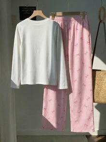 Comfortcana Setelan Kasual Sehari-hari Wanita 2 Potong: Atasan Lengan Panjang dan Celana Motif Pita - Berwarna merah muda - View 3