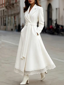 Balvessa Women's Solid Color Mottled Collar Long Sleeve Contrast Lace Hem Elegant Overcoat - White - View 4