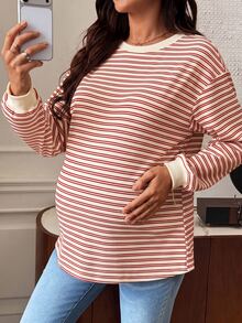 SHEIN 孕婦條紋圓領落肩長袖休閒T恤 秋季 - 紅白色 - 查看 5