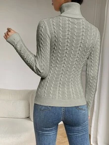 SHEIN 女款素色高領休閒百搭日常長袖針織衫 - 灰色 - 查看 2