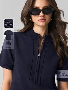 Ontre Women's Minimalist Versatile Zipper Short Sleeve Knit Top - Navy Blue - View 2