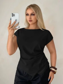 Auralis 船領短袖縮褶大尺碼女款杏色襯衫/優雅通勤職場辦公穿搭襯衫/腰部縮褶修身顯瘦上衣/波希米亞度假/返校季工作服 - 黑色 - 查看 5