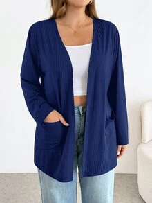 SHEIN Essnce 大尺碼秋季休閒純色雙口袋夾克 - 寶藍色 - 查看 6