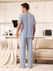 CoupledUp Men's Blue Striped Print Small Lapel V-Neck Thin Short Sleeve Long Pants Casual Comfortable Wearable 2 Pieces Pajama Set - Blue - View 3