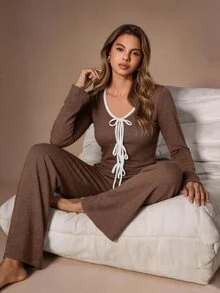 Lazeform Women's Casual Knit Tie-Front Cardigan Loungewear Pajama Set - Brown - View 5