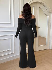 GalTyme Plus Size Casual Home Style Minimalist Off-Shoulder Ribbed Knit 2-Piece Set Fall - Black - View 2