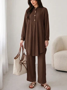 Solavon Women's Solid Color Shirt And Pants Arabic Costume Set - Coffee Brown - View 6