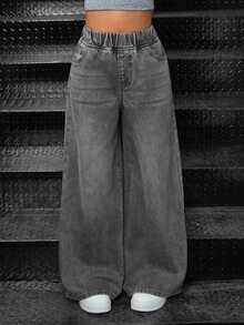 SHEIN Tween Girl Casual Washed Wide Leg Jeans - Light Grey - View 4