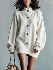Omancia Elegant High Neck Single-Breasted Long Sleeve Cardigan For Women - White - View 4
