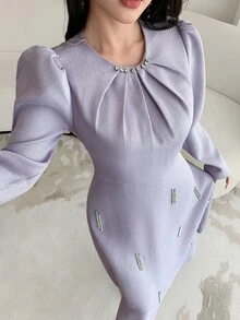 Feyla New Design Elegant Light Luxury Beaded Waist-Cinching A-Line Party Dress - Mauve Purple - View 6