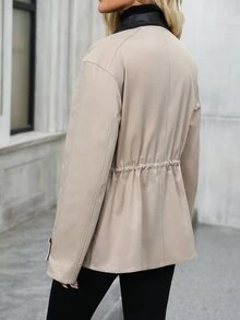 EMERY ROSE Jaket Trench Coat Kasual Serbaguna Motif Blok Warna untuk Wanita, Pakaian Musim Dingin untuk Wanita, Jaket Musim Dingin untuk Wanita - Khaki - View 2