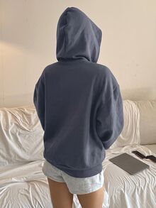 青少年女孩灰色前開襟連帽寬鬆休閒運動衫，簡約設計，適合居家與運動 - 灰色 - 查看 2