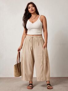 Enliva Plus Size Loose Fit Drawstring Casual Cropped Pants Fall - Apricot - View 4