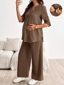 SHEIN 孕婦度假休閒襯衫與長褲兩件套 - 咖啡棕 - 查看 2