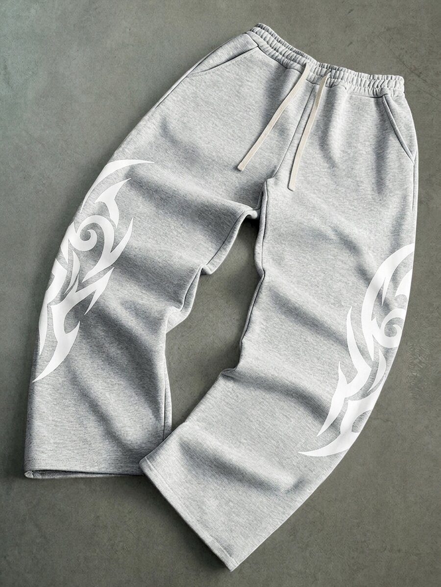 PAVTROS Men's Printed Drawstring Waist Pocket Loose Sweatpants - Grey - View 1