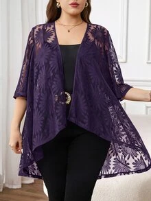 Reflora Plus Size Women Black Lace 3/4 Sleeve Loose Front Coat, Elegant Concert,Spring/Summer In Fall/Winter - Purple - View 5