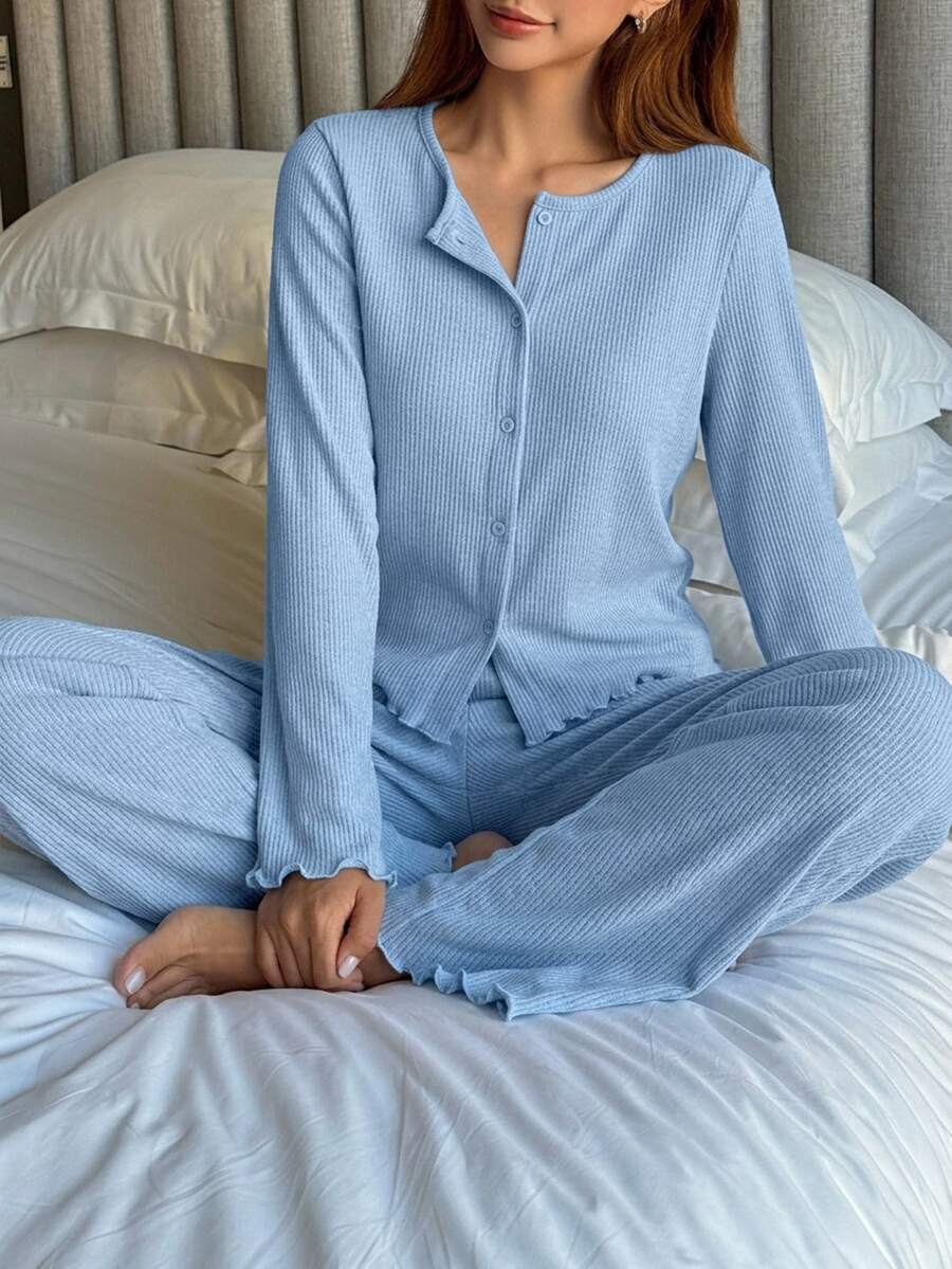 DAZY 冬季極簡刷毛針織女款兩件式居家休閒套裝 - 藍色 - 查看 1