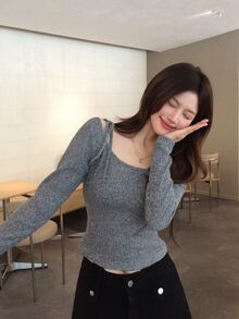 DAZY Women's Solid Color Long Sleeve Spring/Summer T-Shirt Fall - Grey - View 8