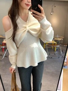 DAZY Sweater Wanita Lengan Panjang Model Korea Kerah V dengan Pita untuk Musim Gugur/Dingin - Putih - View 5