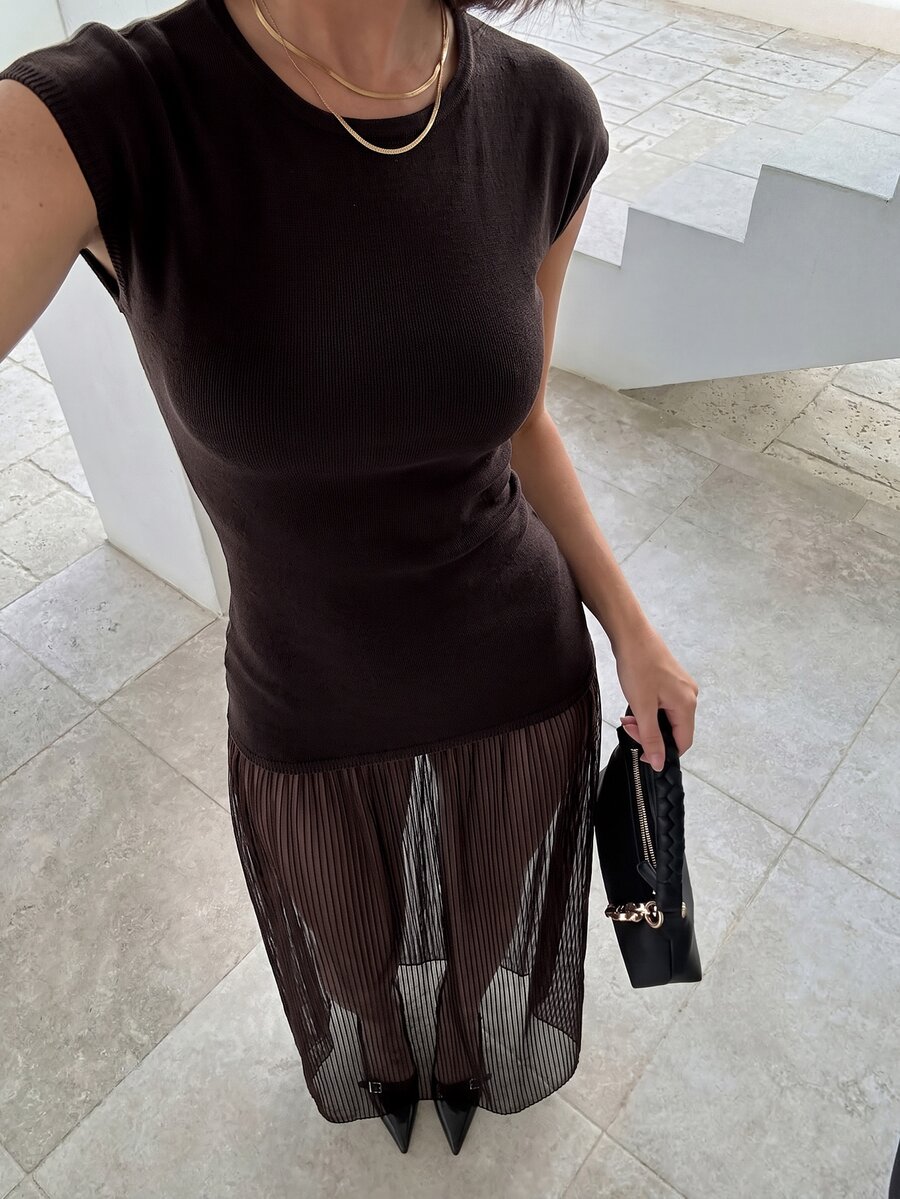 Firerie Women's Elegant Spring/Summer Minimalist Fashion Commute Street Versatile Vacation Casual Round Neck Cap Sleeve Fitted Mesh Sheer Hem Black Sweater Dress - Brown - View 1