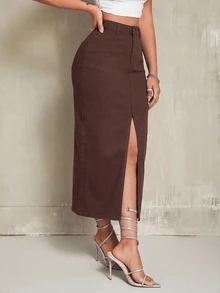 SHEIN SXY 女款休閒百搭日常穿著牛仔裙，開衩設計 - 酒紅色 - 查看 6