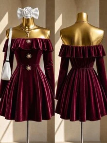 Fine & Folde Autumn/Winter Party Gathering Long Sleeve Ruffle Ruched Waist A-Line Velvet Fabric Birthday Date Vacation Gentle Elegant French Vintage Style Ruffle Ruffle Single-Breasted Ruched Waist Short Dress - Burgundy - View 5