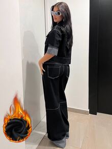 Jeanoix 女款多功能口袋單排扣休閒牛仔夾克 - 黑色 - 查看 6