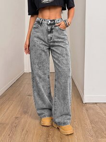 SHEIN PETITE 女款休閒水洗直筒牛仔褲 - 淺色水洗藍 - 查看 7