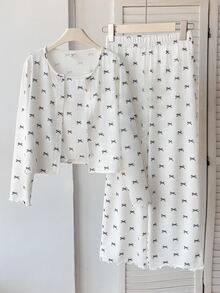 SHEIN Tween女孩秋冬休閒居家服3件套，夾克、背心與長褲，甜美黑白蝴蝶結印花兒童家居服套裝，女孩居家服，適合四季穿著 - 白色 - 查看 4