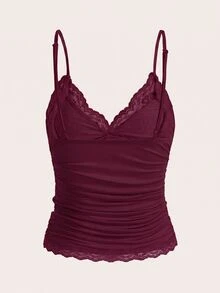 SHEIN ICON Top de tirantes Y2K con encaje en contraste y fruncido - Burdeos - Ver 2