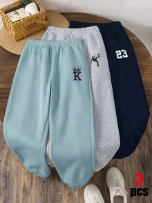 SHEIN 3件組兒童青少年男孩休閒百搭款黑色灰色多色運動長褲，適合通勤、上學、日常休閒外出、運動，春夏秋冬四季適用 - 彩色 - 查看 2