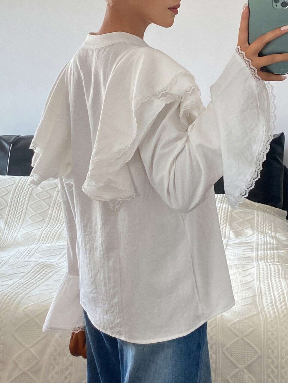 Solid Color Fitted Ruffle Bell Sleeve Tie Front Elegant Vacation Spring Autumn Blouse For Women